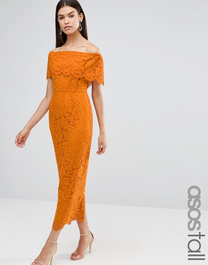 Asos Tall Lace Crop Top Midi Bardot Pencil Dress - Orange