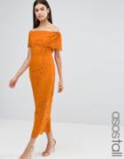 Asos Tall Lace Crop Top Midi Bardot Pencil Dress - Orange