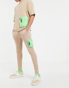 Asos Design Two-piece Skinny Sweatpants With Woven Zip Thigh Pocket In Beige