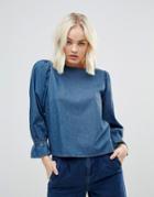 Asos Denim Flounce Smock Top In Midwash Blue - Blue