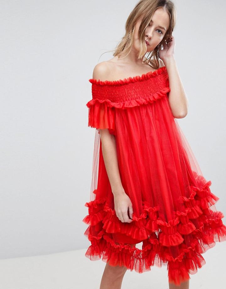 Asos Bardot Tulle Ruched Mini Dress - Orange