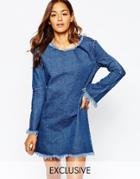 Liquor & Poker Raw Edge Denim T-shirt Dress Long Bell Sleeves - Blue