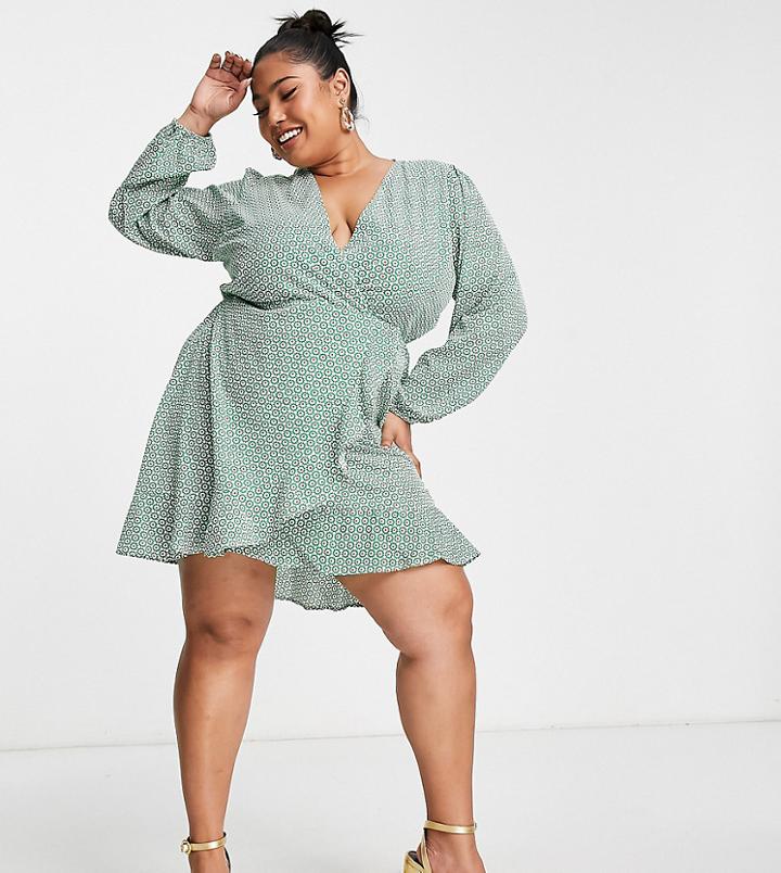 Ax Paris Plus Wrap Mini Skater Dress In Green Polka Dot