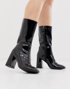 Public Desire Cinder Block Heeled Calf Boots In Black Patent