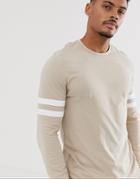 Asos Design Organic Long Sleeve T-shirt With Stretch With Contrast Sleeve Stripe In Beige