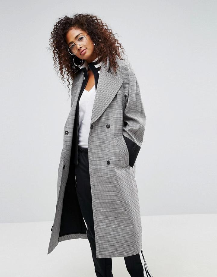 Asos Check Coat With Tipped Rib Funnel Neck And Belt - Multi