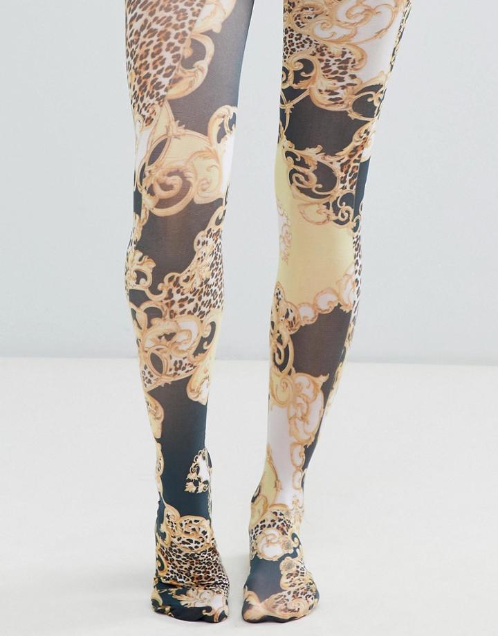 Asos Design Chain And Leopard Print Tights - Multi
