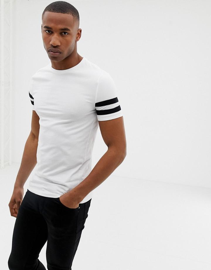 Asos Design Muscle Fit T-shirt With Stretch And Black Contrast Sleeve Stripe In White