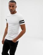Asos Design Muscle Fit T-shirt With Stretch And Black Contrast Sleeve Stripe In White