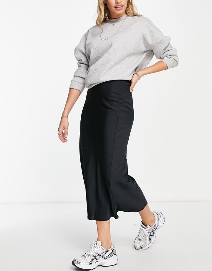Asos Design Satin Bias Midi Skirt In Black