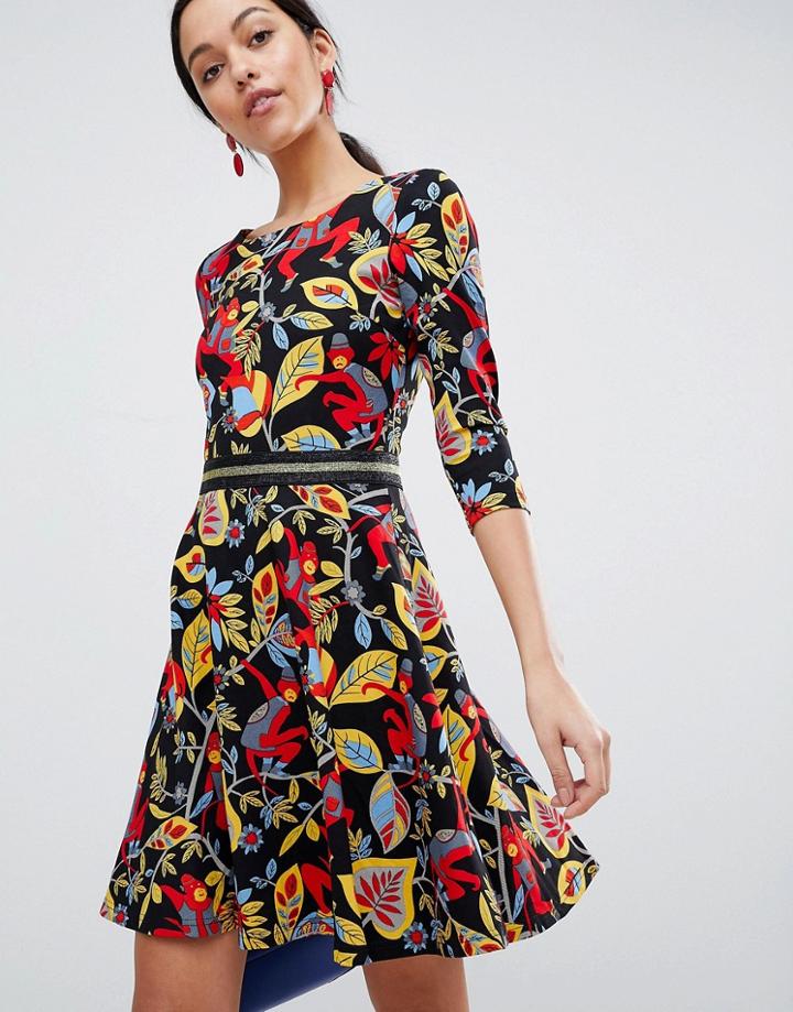 Traffic People 3/4 Sleeve Floral Skater Dress - Black