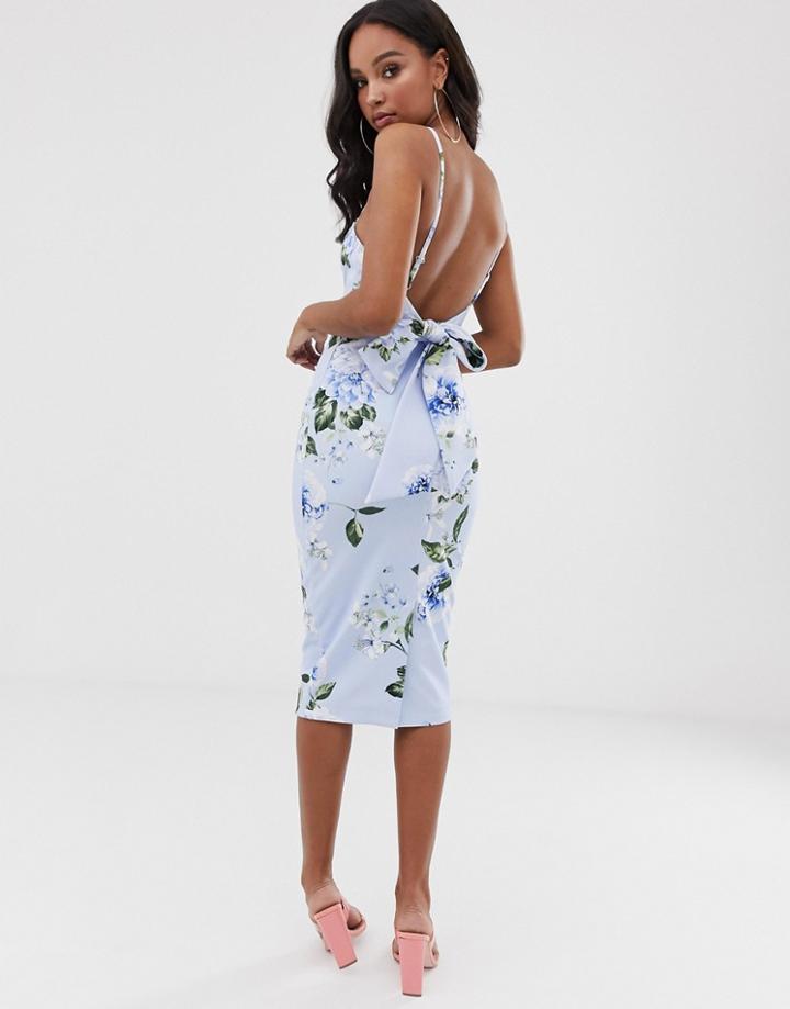 Asos Design Floral Tie Back Midi Dress-blue