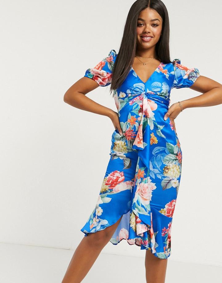 Lipsy Puff Sleeve Ruffle Detail Midi Dress In Cobalt Floral Print-multi