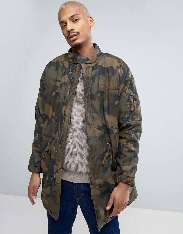 Pull & Bear Military Camo Parka In Khaki - Green