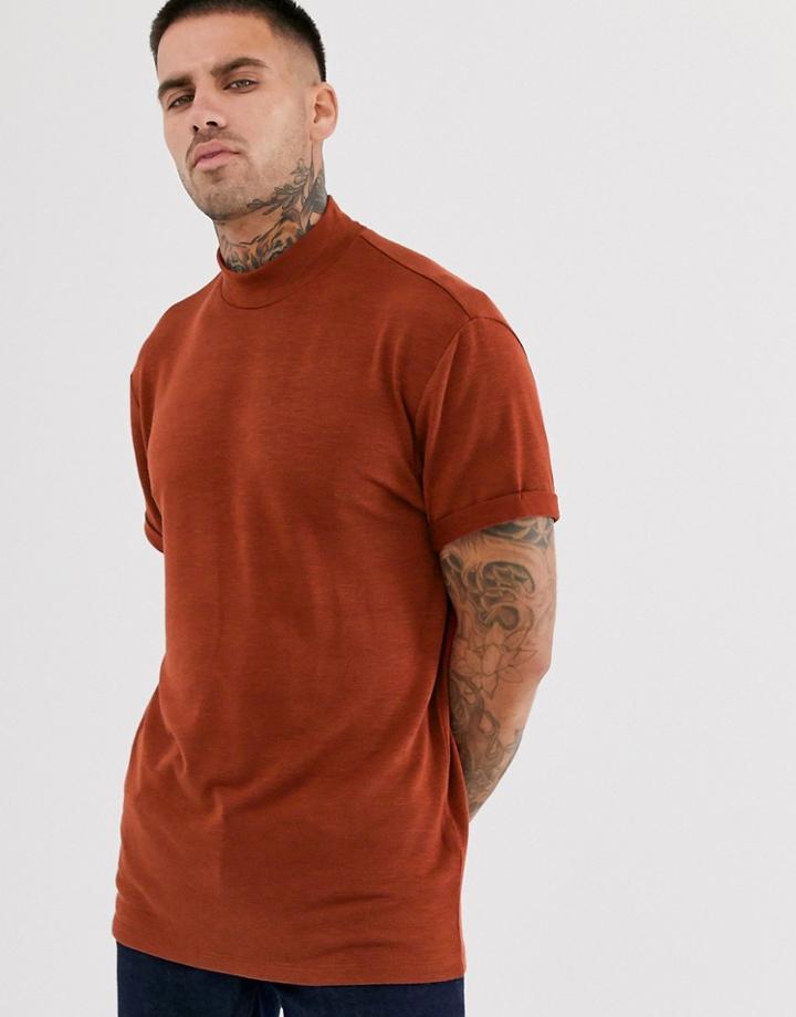Asos Design Relaxed T-shirt With Turtleneck And Roll Sleeve In Interest Slub In Tan - Red