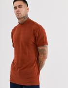 Asos Design Relaxed T-shirt With Turtleneck And Roll Sleeve In Interest Slub In Tan - Red