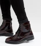 Asos Wide Fit Lace Up Brogue Boots In Burgundy Leather With Ribbed Sole - Red