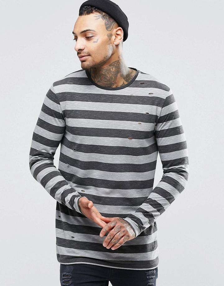 Asos Sheer Slub Longline Long Sleeve T-shirt With Stripe And Distress - Gray