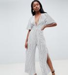 Parallel Lines Plunge Front Jumpsuit With Wide Leg Splits In Stripe - White