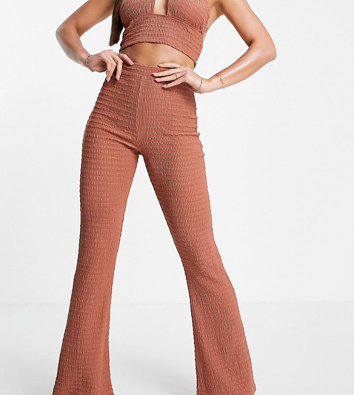 Asos Design Tall Matching Textured Flare Beach Pants In Mink-brown