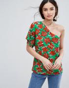 Warehouse One Shoulder Oversized Floral Print Top - Multi