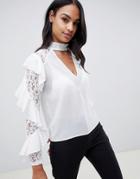 Tfnc Lace Ruffle Sleeve Top With Cut Out Detail - White