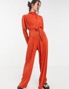 Asos Design High Neck Plisse Wide Leg Jumpsuit In Rust Brown