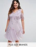 Frock And Frill Plus Embellished Skater Dress With Ruffle Cold Shoulder - Purple