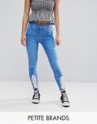 New Look Petite Rip Knee And Hem Skinny Jeans - Blue