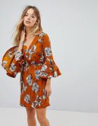 Parisian Floral Print Dress With Tie Waist Belt And Ruffle Sleeves - Yellow