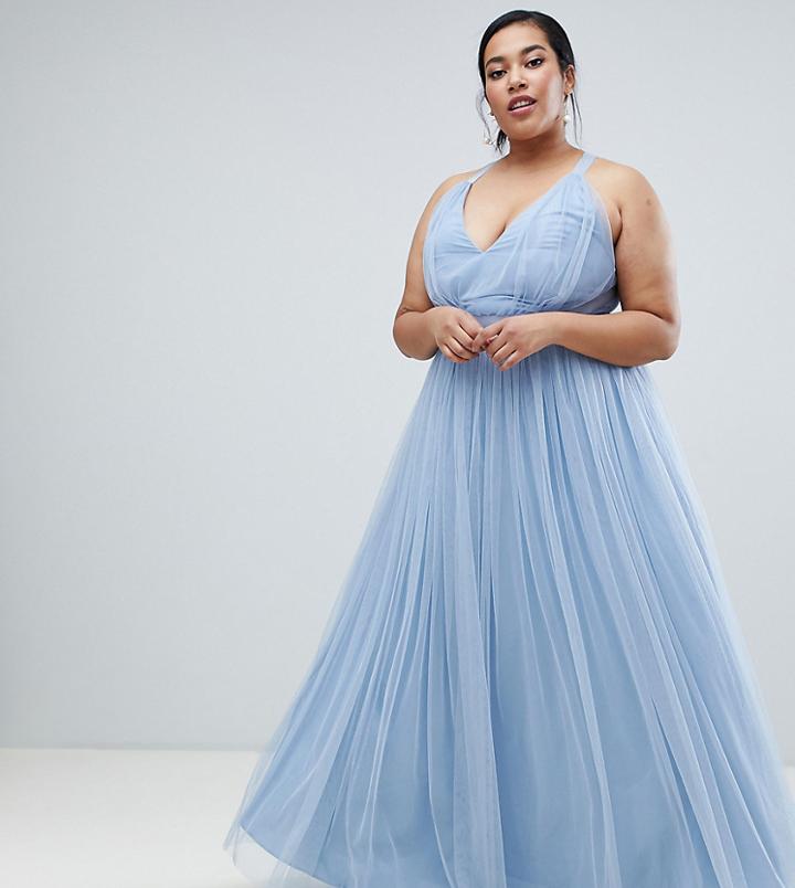 Asos Premium Curve Tulle Maxi Prom Dress With Ribbon Ties - Blue