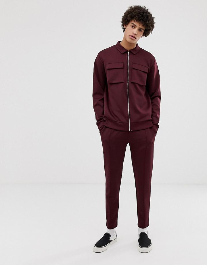 Asos Design Poly Tricot Tracksuit Harrington Jacket/skinny Sweatpants With Chest Pockets In Burgundy-red
