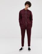 Asos Design Poly Tricot Tracksuit Harrington Jacket/skinny Sweatpants With Chest Pockets In Burgundy-red