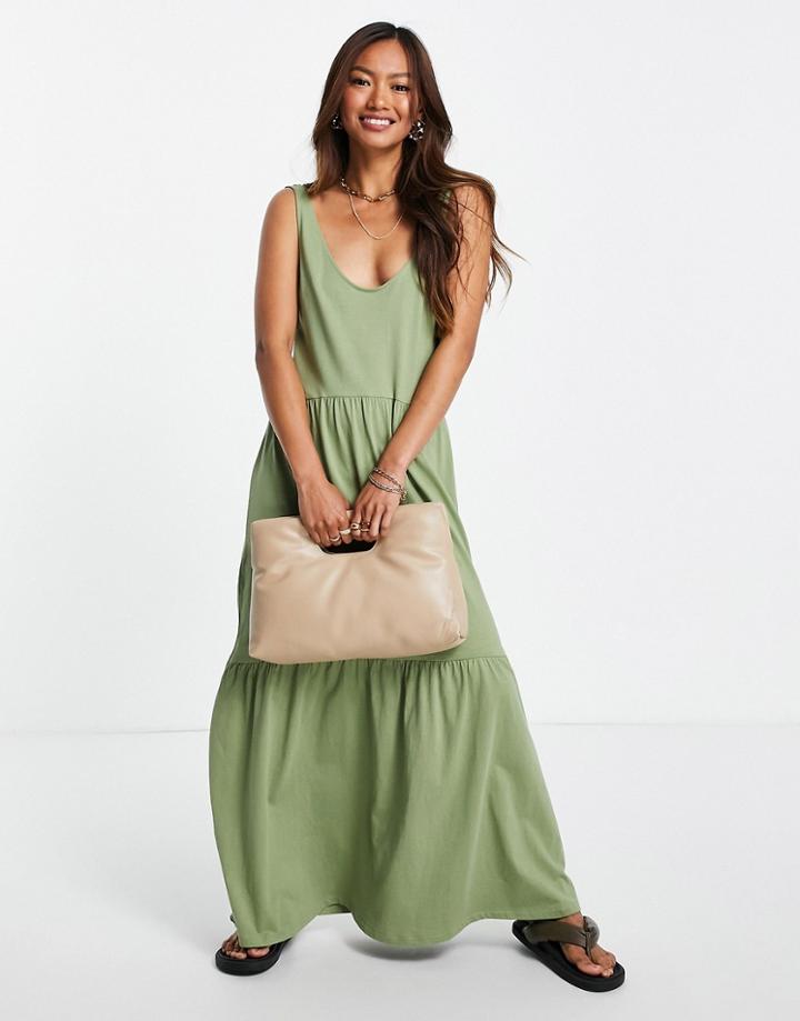 Mango Tiered Scoop Neck Smock Tank Dress In Khaki-green