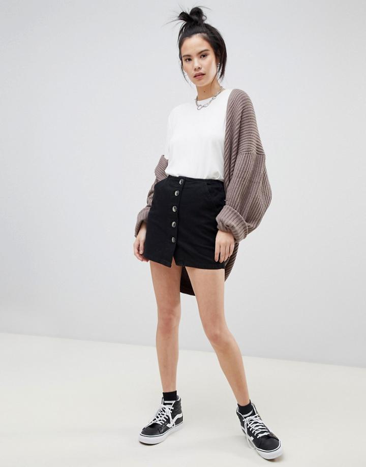 Pull & Bear Denim Mini Skirt With Tortoise Buttons - Black