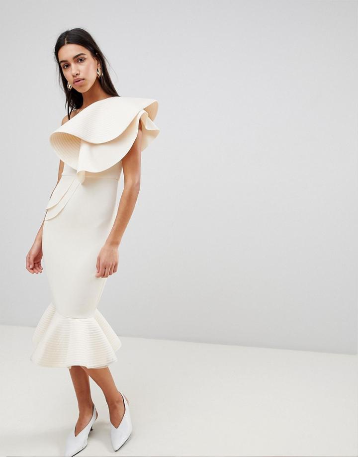 Asos Premium Quilted Pephem Bodycon Midi Dress - Cream