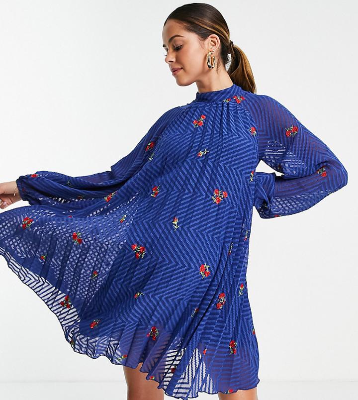 Asos Design Maternity Pleated Trapeze Mini Dress With All Over Embroidery In Navy