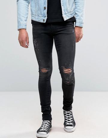 Asos Extreme Super Skinny Jeans With Opens Rips In Washed Black - Blac