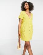 Asos Design Button Through Mini Smock Dress With Pockets In Mustard-yellow