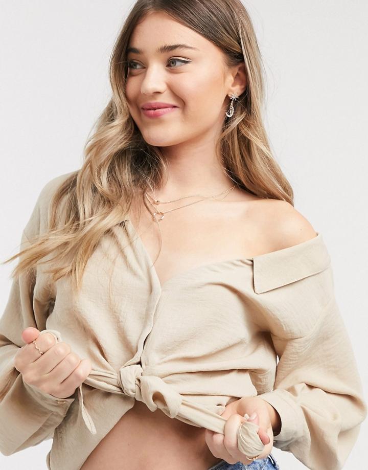 Asos Design Textured Knot Front Shirt In Sand-no Color