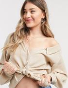 Asos Design Textured Knot Front Shirt In Sand-no Color