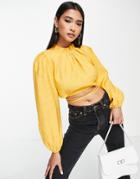 River Island Linen Crop Top With Tie Detail In Yellow
