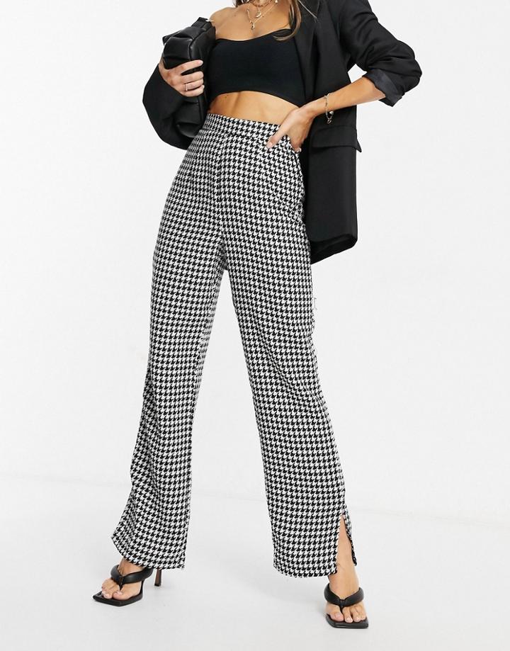 Naanaa High Waisted Slit Hem Tailored Pants In Black Houndstooth