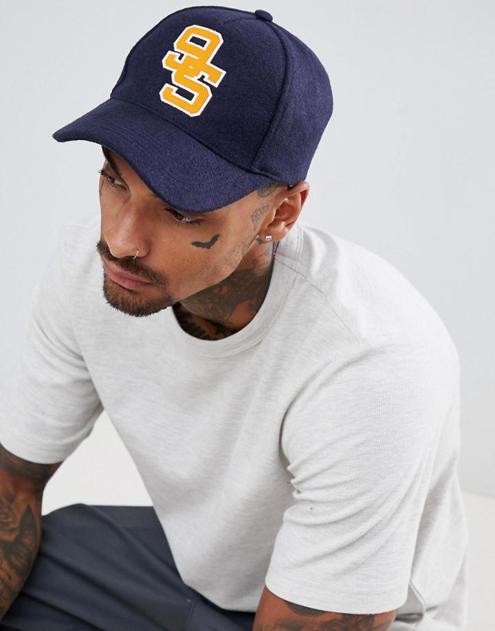 Asos Design Baseball Cap In Navy With Badge Detail - Navy