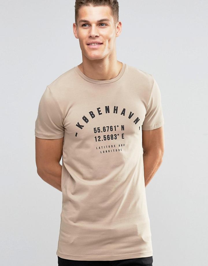 Asos Longline Muscle T-shirt With Kobenhavn Print In Beige - Silver Mink