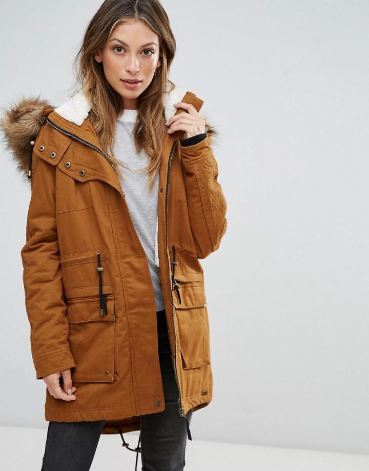 Bellfield Fontone Cotton Twill Parka With Faux Fur Trim - Brown
