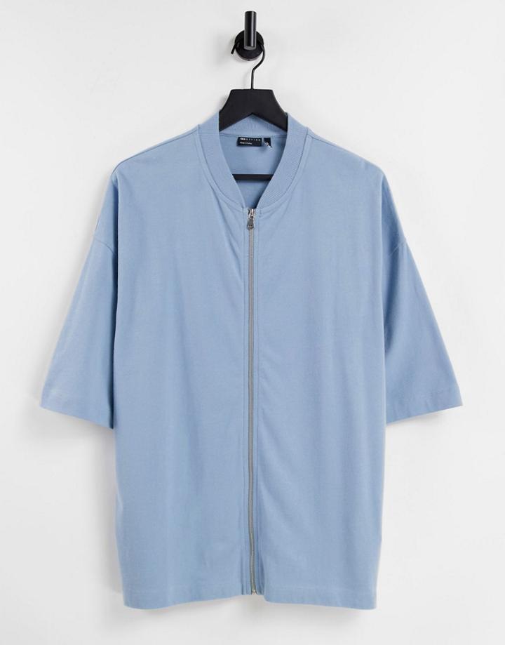 Asos Design Oversized Half Sleeve T-shirt With Zip In Blue-blues