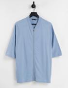Asos Design Oversized Half Sleeve T-shirt With Zip In Blue-blues