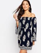 Missguided Off The Shoulder Printed Dress - Navy