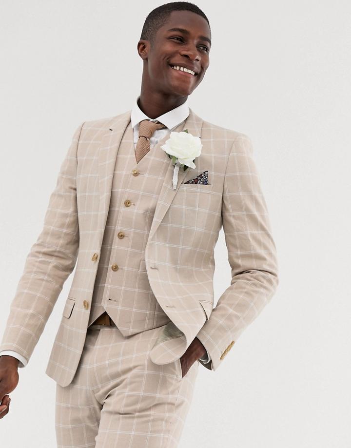 Asos Design Wedding Skinny Suit Jacket In Camel Linen Windowpane Check-beige